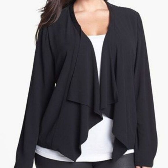 Eileen Fisher 100% Silk Chiffon Drape Front Blazer Leather Trim Black Small - Picture 12 of 12